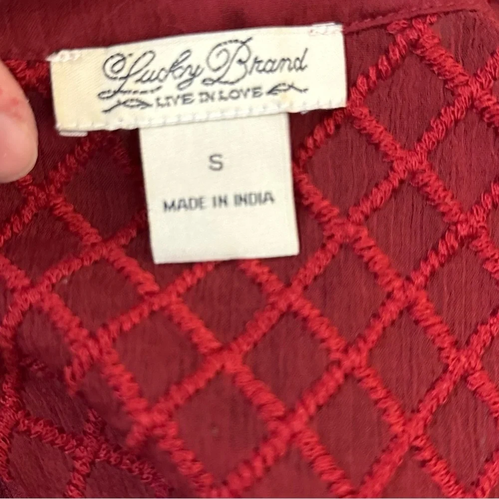 Lucky Brand Red Sheer Boho Embroidered 3/4 Sleeve Blouse with Tassels Sz S - Picture 9 of 9